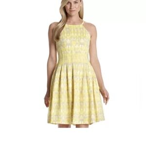 CALVIN KLEIN Yellow Tie Dye Sleeveless Fit & Flare Scuba Dress Wines Womens Sz 8